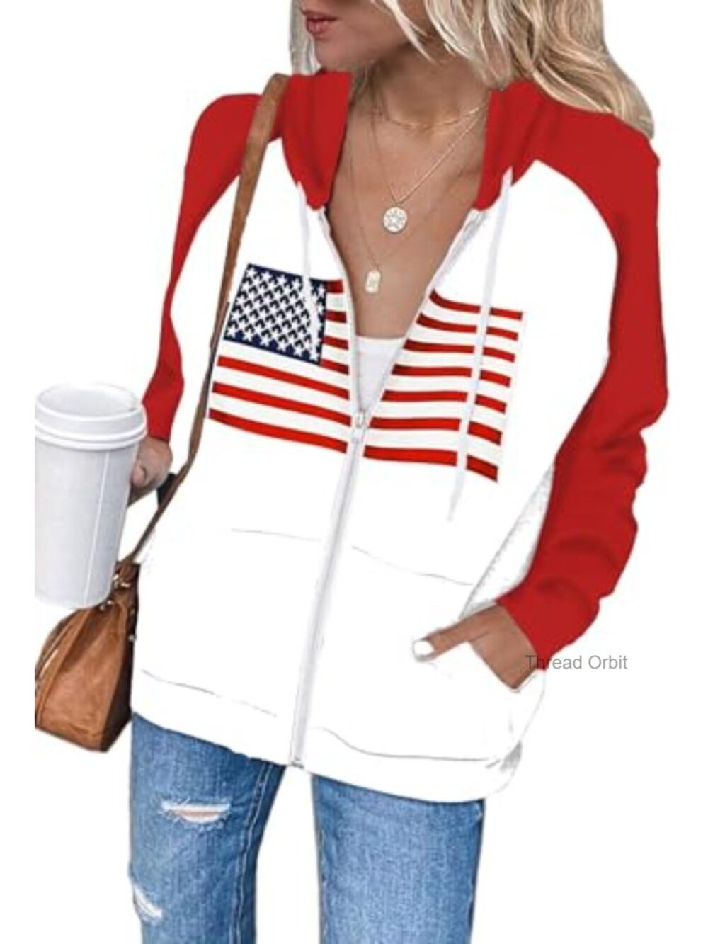 Zip Up Hoodie Women's American Flag Graphic Hood Casual USA Sweatshirt